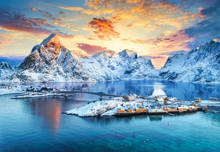 Puzzle Východ slnka nad Sakrisøy, Lofoty, Nórsko 1000 dielikov
