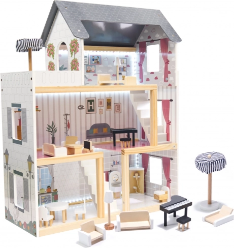 Drevený domček pre bábiky z MDF, čierny, 78 cm s LED osvetlením