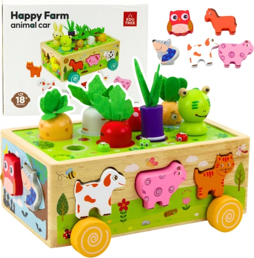 Drevená edukatívna farma na kolieskach so sortérom a magnetickými červíkmi