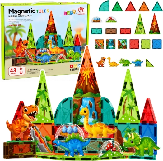 Magnetické stavebné dieliky dinosaurov – sopka, farebná sada 43 ks