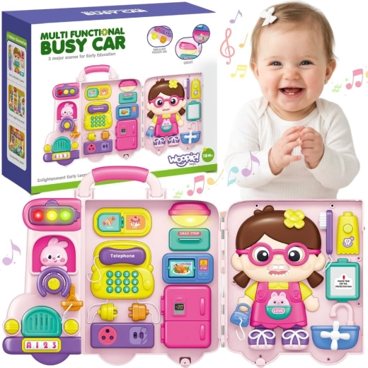 Woopie interaktívna manipulačná tabuľa Busy car 3v1 v kufríku so zvukom a svetlom
