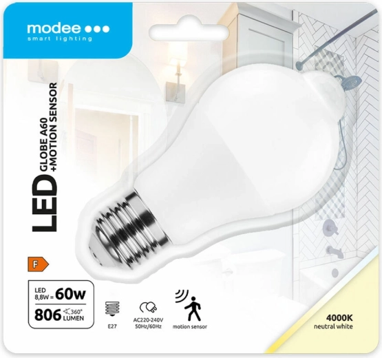 Modee Lighting inteligentná LED žiarovka A60 8,8 W E27, neutrálna biela s PIR senzorom pohybu