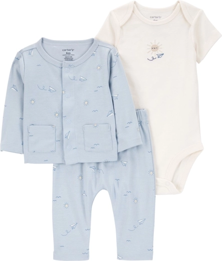 Carter’s detský set 3 ks – mikina, body s krátkym rukávom a tepláčky Blue Airplane (chlapčenský, vel. 56)