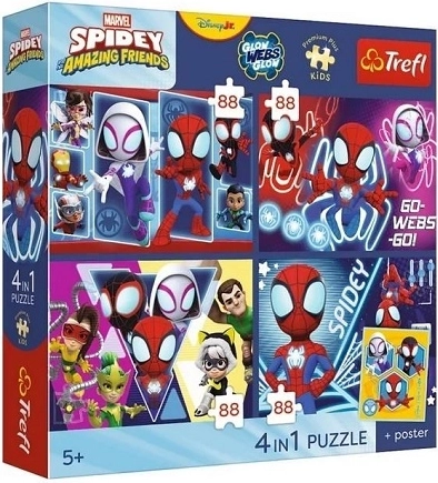 Trefl Spidey a jeho úžasní priatelia – sada puzzle 4×88 dielikov s plagátom