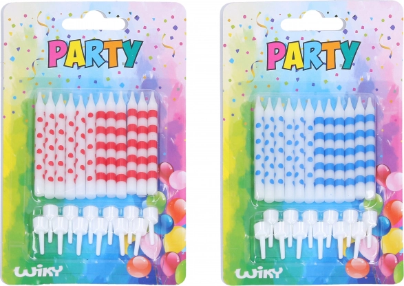 Narodeninové sviečky s bodkami a prúžkami, 12 ks + stojančeky