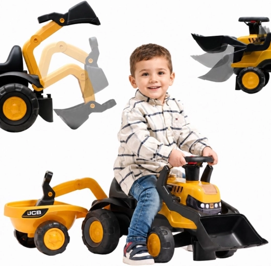 Detské odrážadlo JCB s prívesom, lopatkou a hrabľami