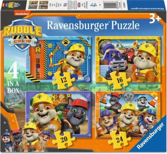 Ravensburger puzzle Labková patrola – Rubble a jeho partia 4 v 1 (12–24 dielikov)