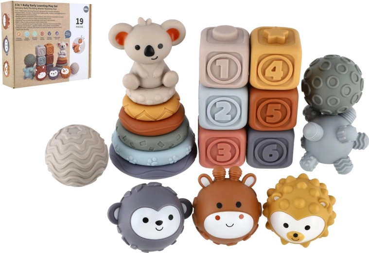 Silikónová sada pre bábätká: skladacie krúžky, kocky a senzorické loptičky 19 ks