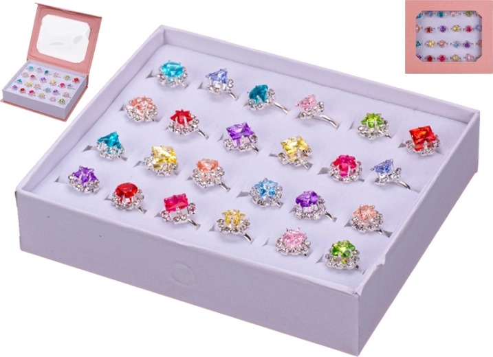 Sada detských kovových prstienkov s farebnými kamienkami, 24 ks