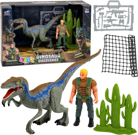 Súprava figúrky dinosaura a lovca s pohyblivými končatinami, sieťou a doplnkami - 1 kus