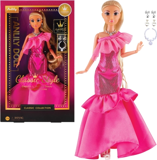 Módna bábika v spoločenských šatách – tmavoružové