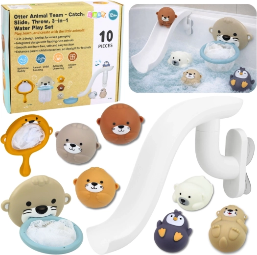 Súprava kúpeľových hračiek vydra a zvieratká so šmýkačkou a sieťkou, 10 dielov