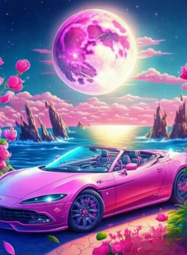 Diamantové maľovanie – kabriolet v ružovom raji 30 × 40 cm