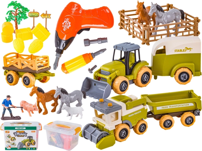Skladacia mini farma – traktor a kombajn so skrutkovačom a zvieratkami