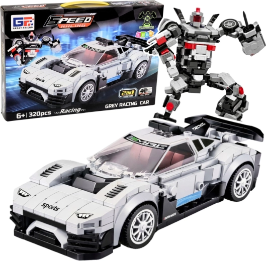 Stavebnica 2 v 1 závodné auto a robot, 320 dielikov, biela