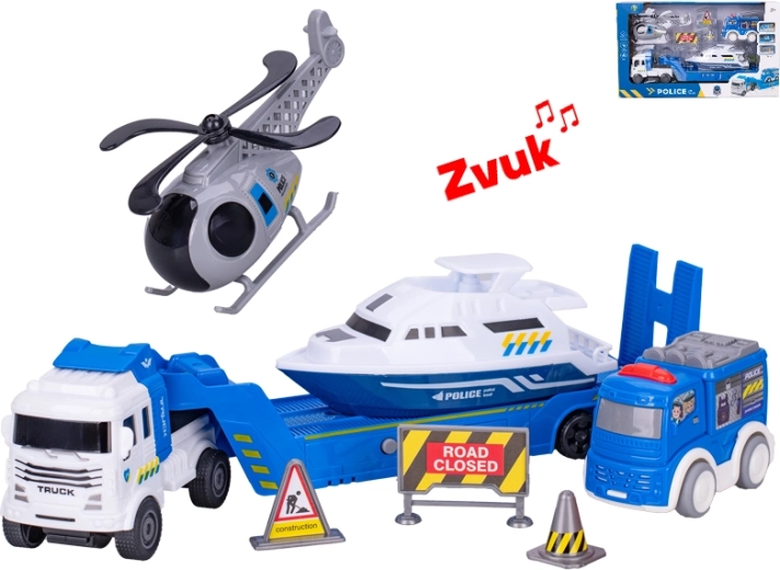 Nákladné auto s policajnými vozidlami so zotrvačníkom a zvukovými efektmi 30 cm