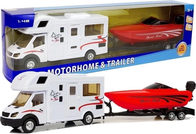 Hračka karavan s červeným člnom a zotrvačníkom 1:48