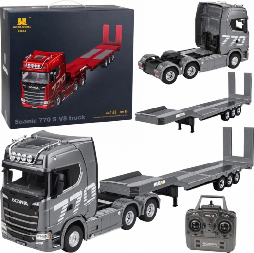 Diaľkovo ovládaný kamión Scania 770S s prívesom Huina v mierke 1:18