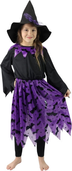 detský kostým čarodejnice s klobúkom a motívom netopierov (veľkosť S)