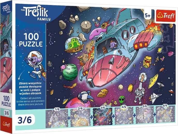 Puzzle Trefl Rodina Treflíkov vo vesmíre: Gonduš v rakete – 100 dielikov
