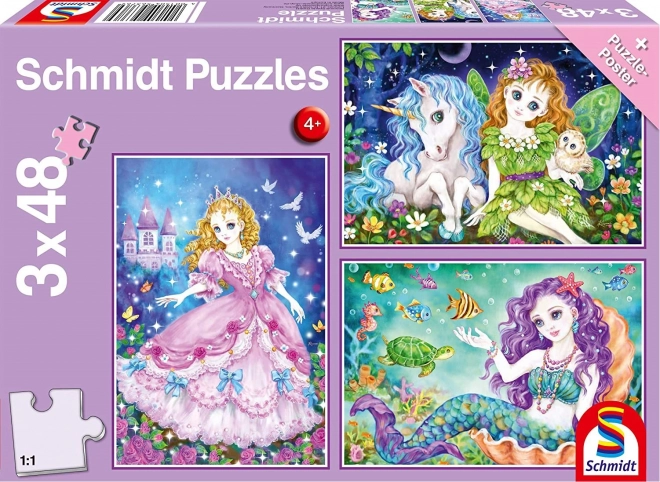 Puzzle SCHMIDT princezná, víla a morská panna 3×48 dielikov