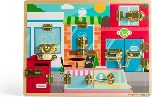 Bigjigs Toys drevená motorická doska so západkami a zámkami