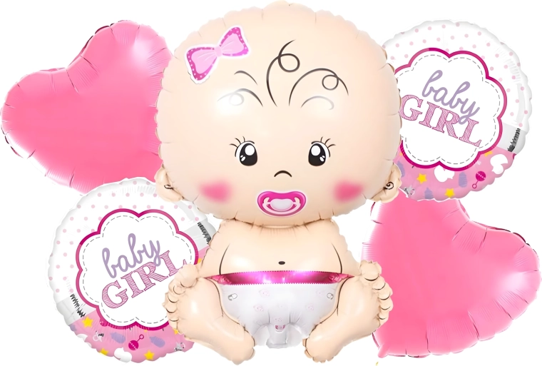 Balóniky na baby shower pre dievčatko – sada 5 ks s hviezdičkami a motívom bábätka
