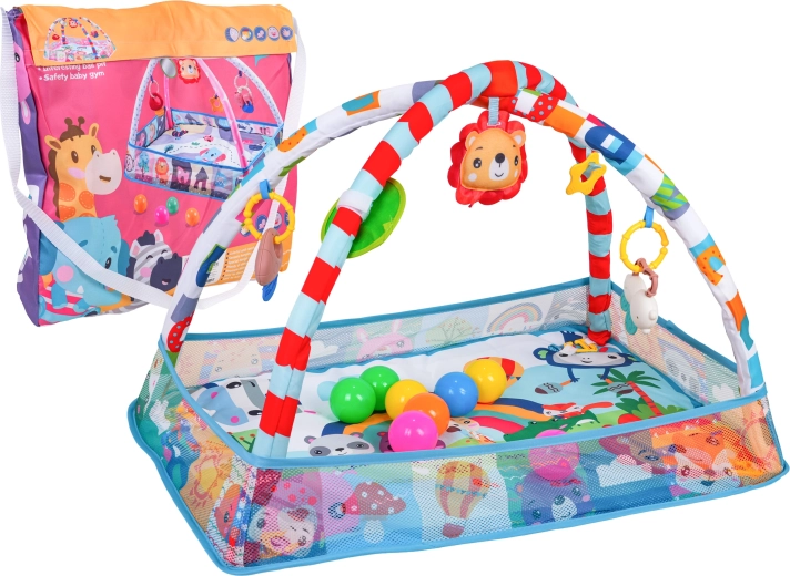 Detská hracia podložka a suchý bazénik s hrazdičkou a závesnými hračkami