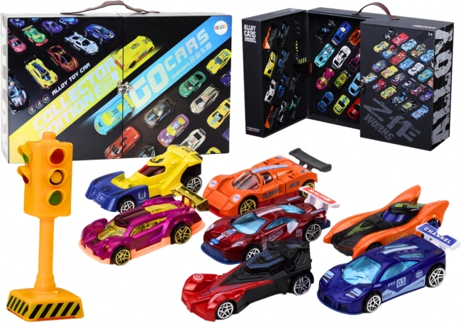 Závodné autá v kufríku so semaformi