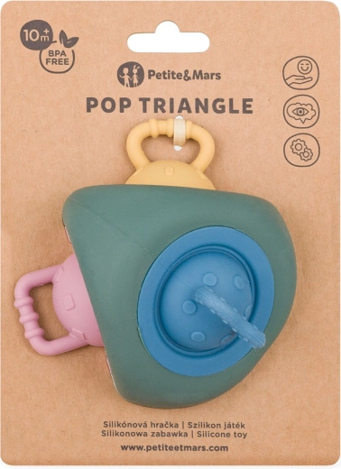 Silikónová senzorická hračka a hryzadlo PETITE&MARS Pop Up Triangle Misty Green 10m+