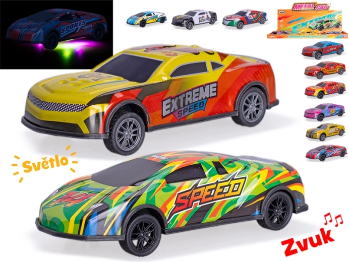 Kovové závodné autíčko 12,5 cm so svetlami a zvukmi, spätný chod