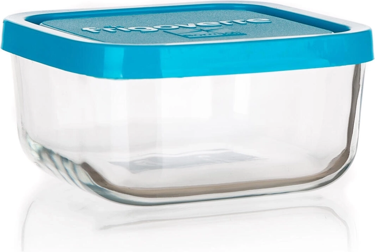 Sklenená štvorcová dóza FRIGOVERRE 2 l s modrým viečkom