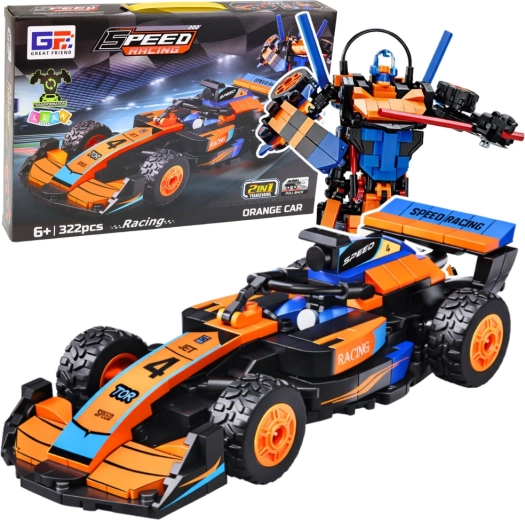 Stavebnica 2v1 oranžové závodné auto a robot, 322 dielikov