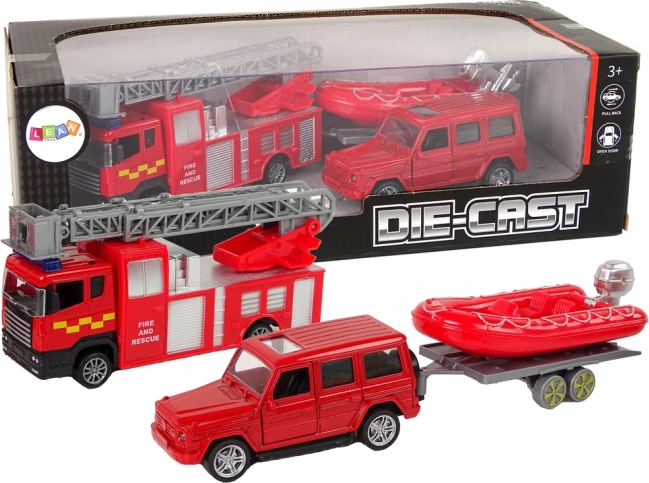 Súprava hasičských vozidiel s nafukovacím člnom