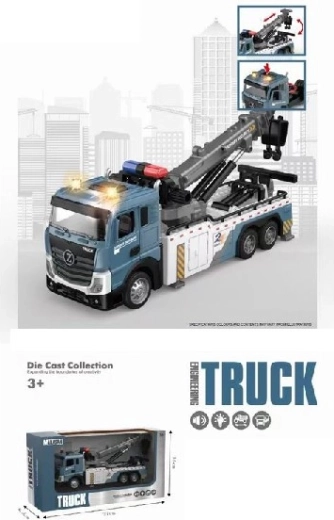 Kovový nákladný automobil s žeriavom a prívesom so svetlami a zvukmi