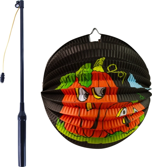 Halloweenský papierový lampión tekvica 25 cm so svietiacou paličkou 50 cm