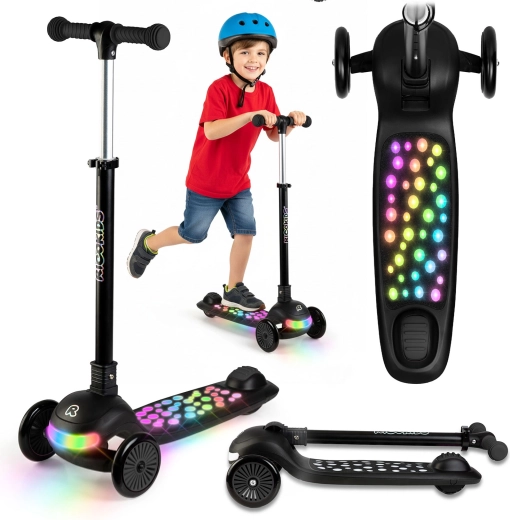 Detská trojkolesová balančná kolobežka s LED podsvietením Ricokids Glowi – čierna