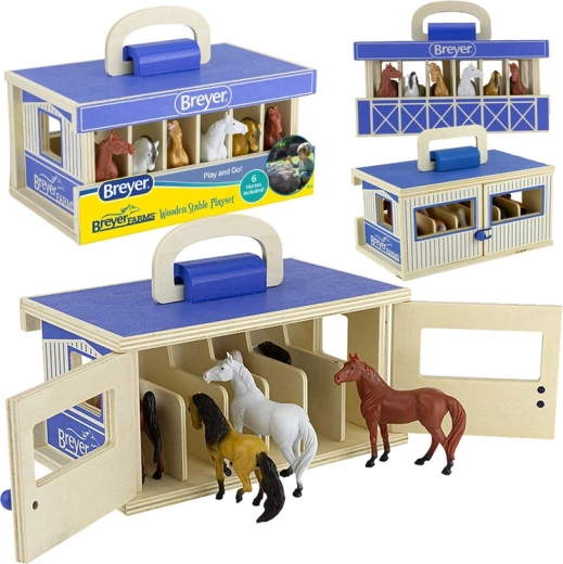 Breyer Stablemates Farms drevená prenosná stajňa so 6 koňmi