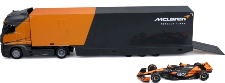 Bburago racing hauler ťahač s návesom a formulou 1 McLaren MCL38 2024 Lando Norris 1:43