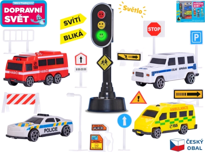 Sada autíčok s dopravnými značkami a semaforom so svetlom, 4 ks