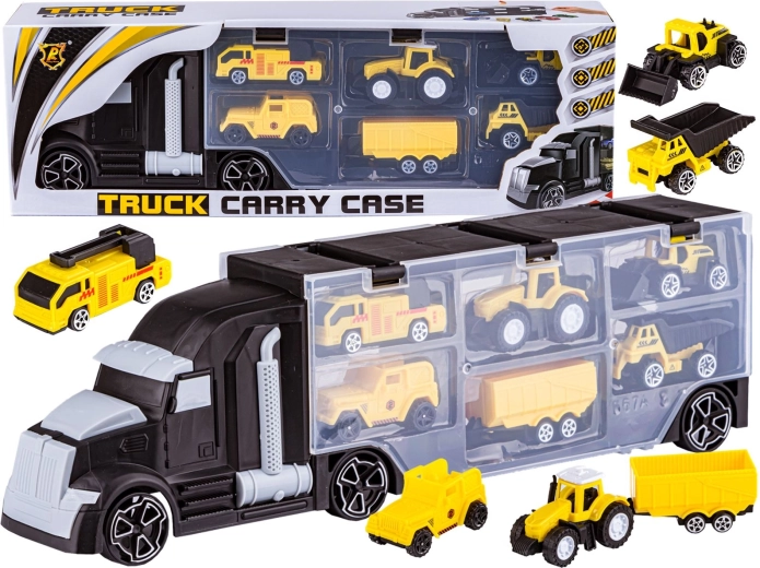 Čierny kamión – transportér s otváracím prívesom a mini stavebnými vozidlami 6 v 1