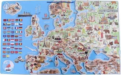 Woody Magnetická mapa Európy s obrázkami a spoločenskou hrou, 3v1