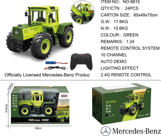 Zelený diaľkovo ovládaný traktor Mercedes-Benz 1:24