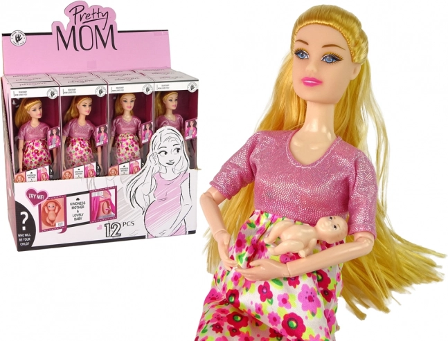 Tehotná Bábika v Ružových Šatách s Kvetmi