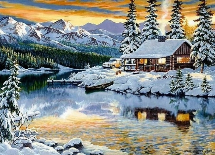 Norimpex Maľovanie podľa čísel Zasnežená chata pri jazere 40 × 50 cm
