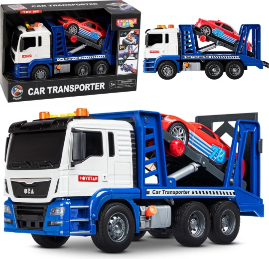Hračkársky autotransportér (odťahovka) so športovým autom, svetlá a zvuky, modro-biely - 1 kus