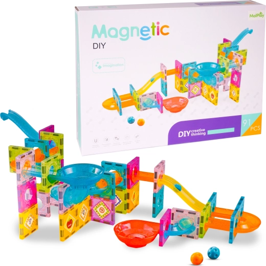 Magnetické stavebnice – guľôčková dráha s lievikom, 91 ks