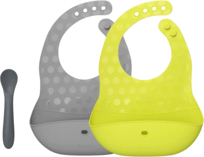Bblüv Pöket set silikónových podbradníkov a lyžičky lime/grey