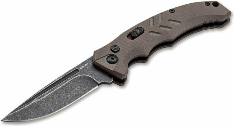Automatický taktický nôž Böker Plus Intention II Coyote, D2, stonewash, G10