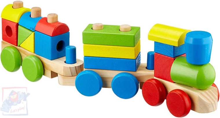 WOODY Drevený navliekací vláčik s tvarmi - 18 ks